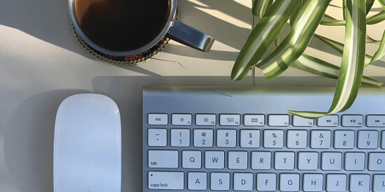 Keyboard and mouse in an outdoor setting with fresh brewed coffee and spider plant