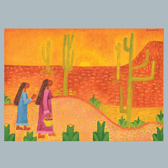 Two female figures walking in a country landscape