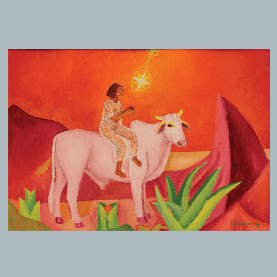 Female figure riding on a white bull