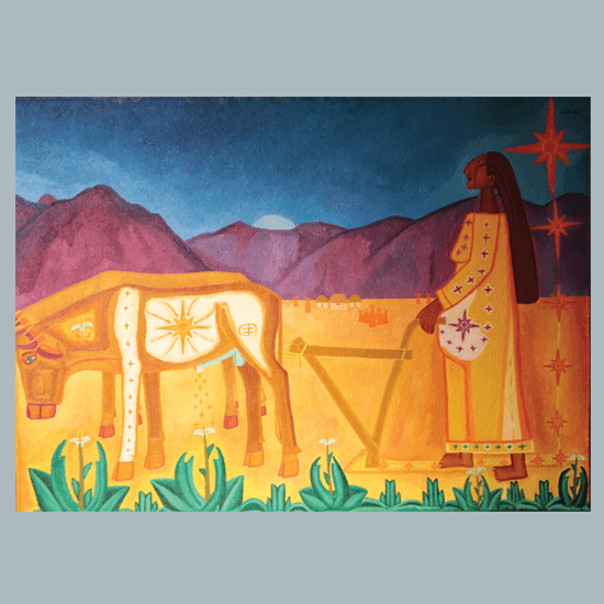A pregnant woman plowing the land in a desert valley