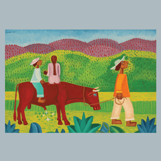 A farmer guiding the bull with a couple