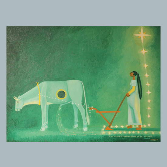 A woman plowing the land pulled by a bull