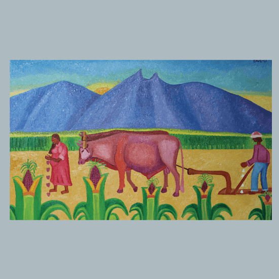 A couple sowing hearts in a farm field with a mountain in the background