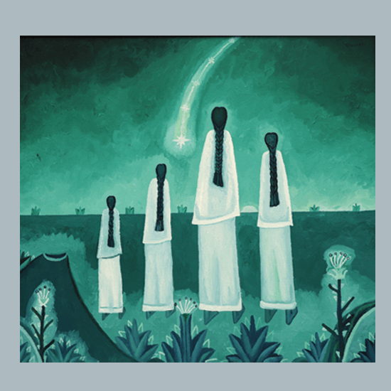 Four female figures observing a shooting star