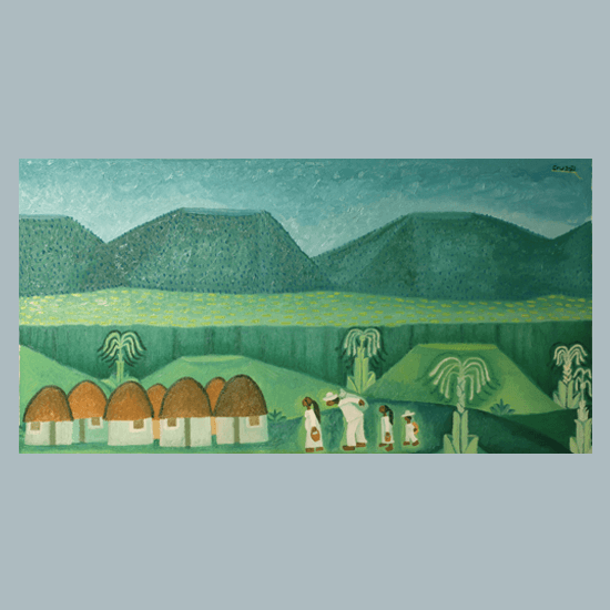 A couple and their children walking near the town