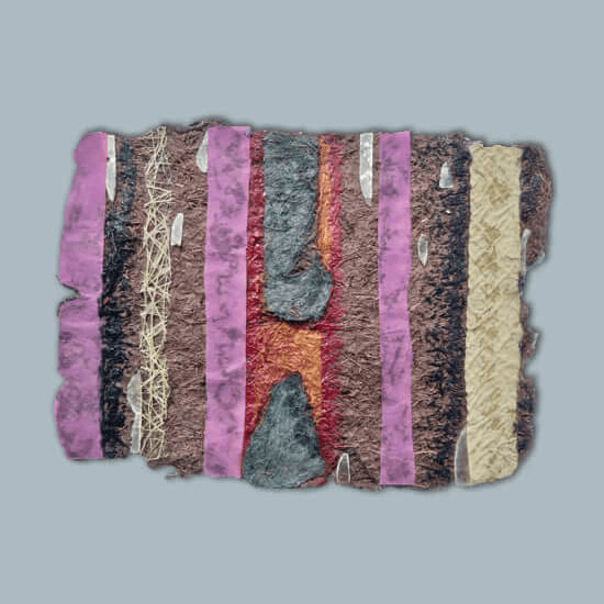 Acrylic, indigenois fiber and dyed paper, kapiz shell, dyed fiber on handmade gugo paper